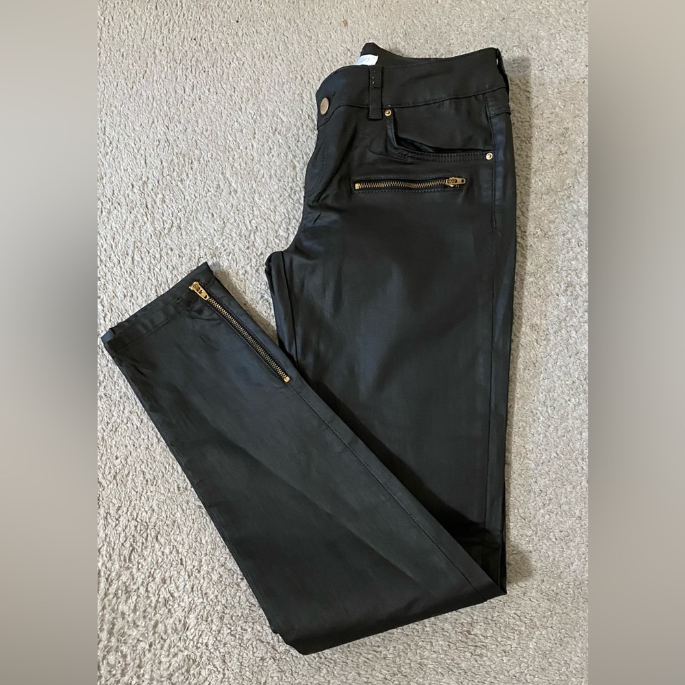 Promod women’s black coated cotton blend slim stretch, jeans with ankle zippers